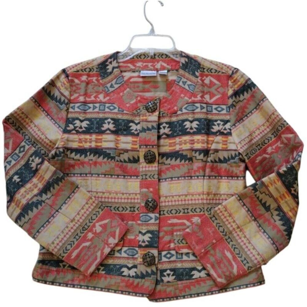 CHICOS Blazer Jacket Women 1 (Medium) Multicolor Aztec‎ Decorative Buttons Crop